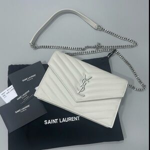 Saint Laurent Cassandre Envelope Wallet White Leather with Silver Chain